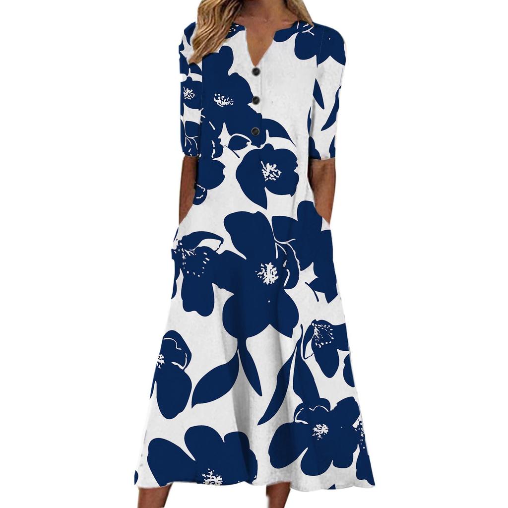 Floral Print V-Neck Mid-Sleeve Casual Dress with Pockets, Button Front, Loose Fit - White/Light Blue/Pink