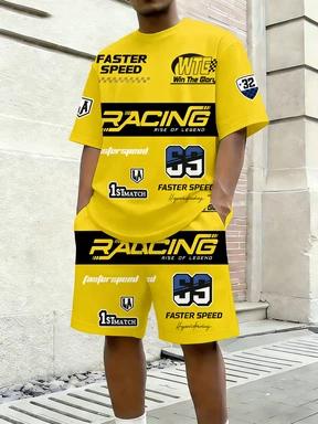 2026 Trendy Men's Casual Wear American Street Fashion Racing Racing Style Contrast Print T-Shirt Set