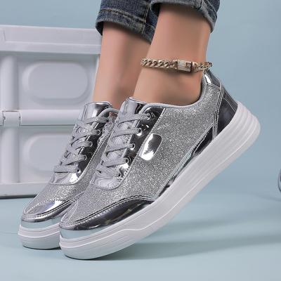 Spring And Autumn Korean Version Of Casual Sports Board Shoes, New Glossy Fashion Women'S Shoes, Low-Top Lace-Up Flats