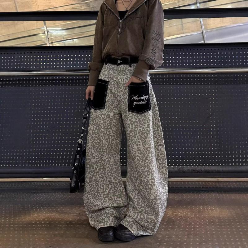 Womens Wide Leg Cropped Straight Cut Jeans With Tie Detail Leopard Print 2026 Casual Streetwear Pants