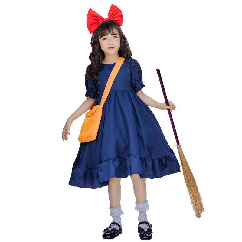 Kostým čarodějky Kiki J-yuefang/Jingyuefang pro dívky, Cosplay šaty v japonském stylu s čelenkou a batohem