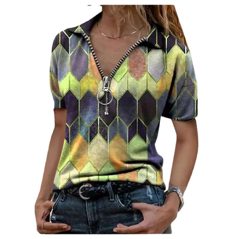2024 Plus Size V-Neck Printed Zipper Lapel Short-Sleeve Women's Top