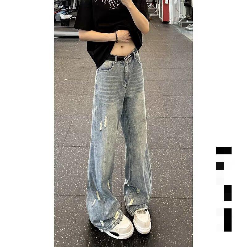 American Retro Washed Old Ripped Jeans Men's Spring New Loose Straight Wide-leg Pants