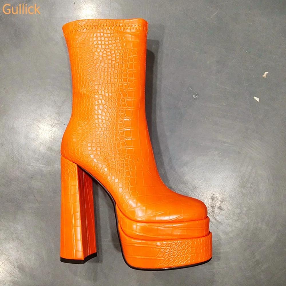 Fashion 2025 Autumn Winter New Square Toe Boots Double Platform Chunky Heel Super High Heel Snake Pattern Side Zipper Women Short Boots