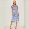 Women's Spring Summer Sexy Slit Square Collar Plaid Short-sleeved Dress