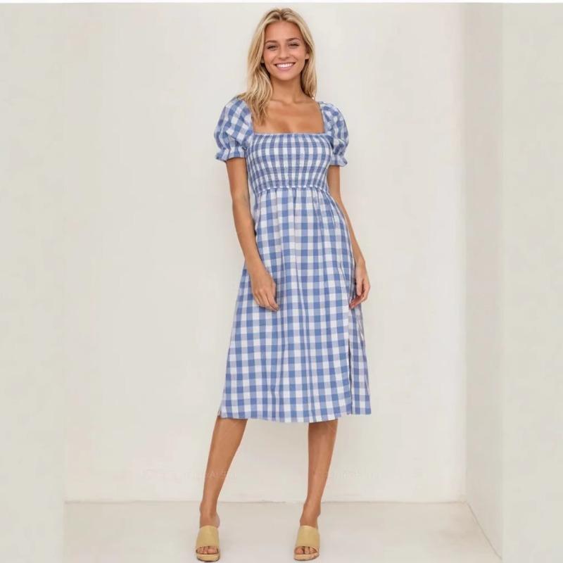 Women's Spring Summer Sexy Slit Square Collar Plaid Short-sleeved Dress