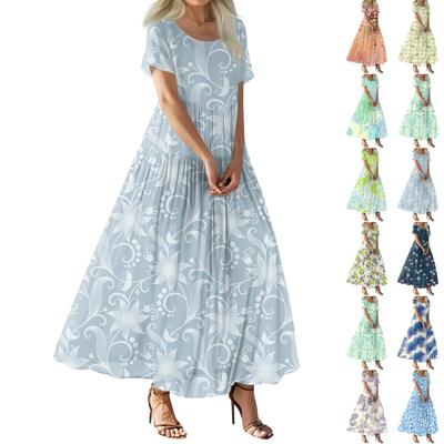 Women's Summer Casual Floral Print Short Sleeve O Neck High Waist A Line Tiered Flowy Boho Maxi Dress