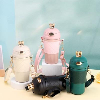 Good-looking Thermos Cup Girl Cute Rabbit Bounce Straw Cup Portable Lanyard Strap Leather Case Outdoor Office Water Cup