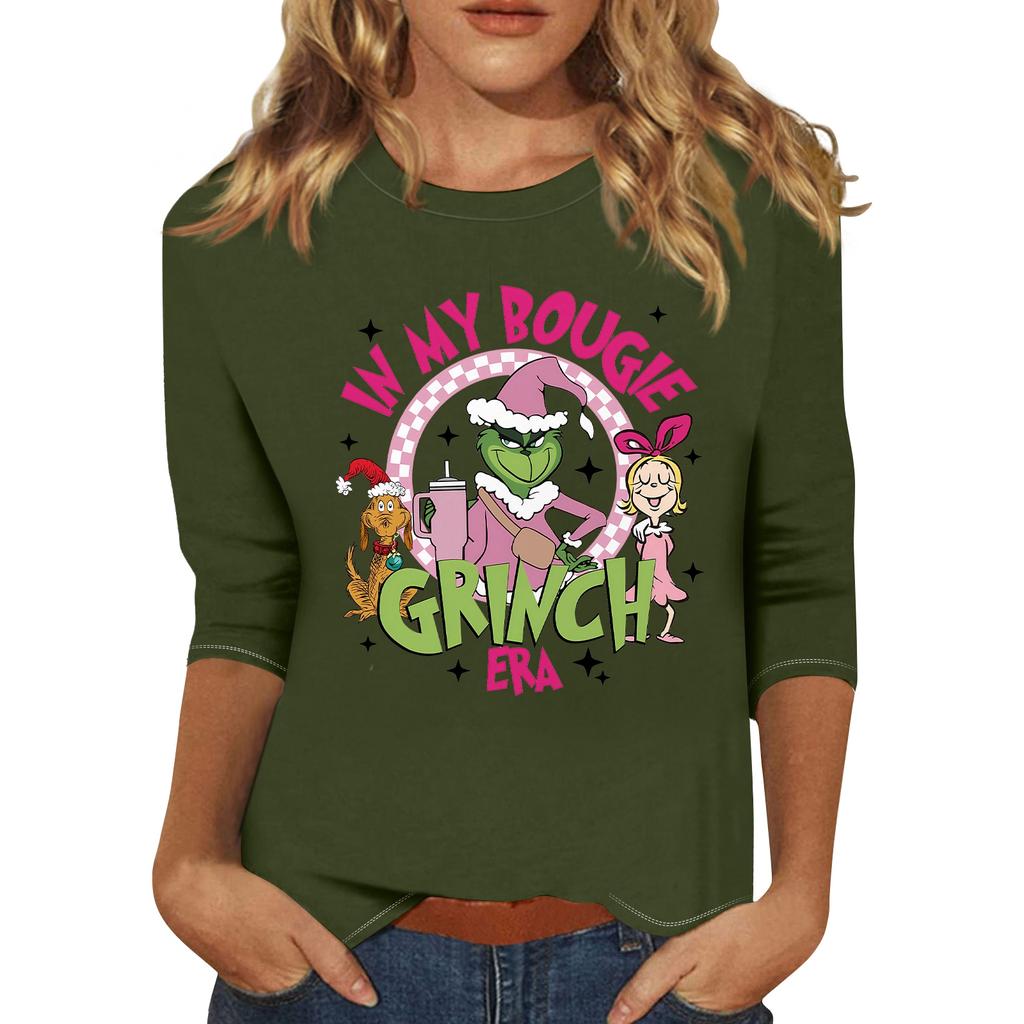 3/4 Sleeve Tops For Women T-Shirt Casual Christmas Print Tops T Shirt Round Neck Pullover Blouse