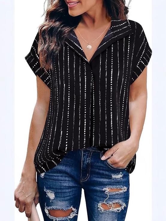 2026 Spring/Summer Retro Slim Fit Striped Lapel Short Sleeve Women's Shirt