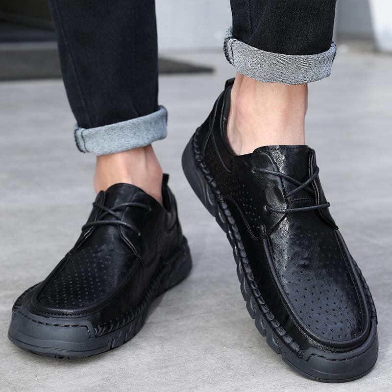 Zapatos de cuero huecos para hombre hechos a mano con cordones zapatos casuales planos zapatos para caminar