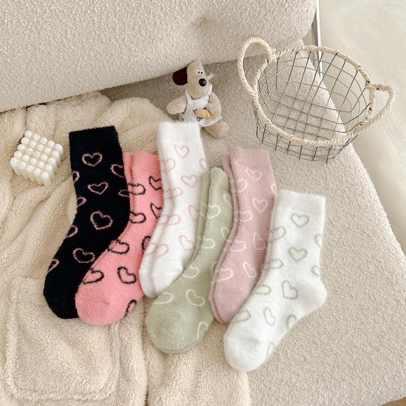 Winter Plush Cute Love Pink Plush Thickened Plush Warm Home Medium Tube Women's Socks Floor Socks Sleep Socks