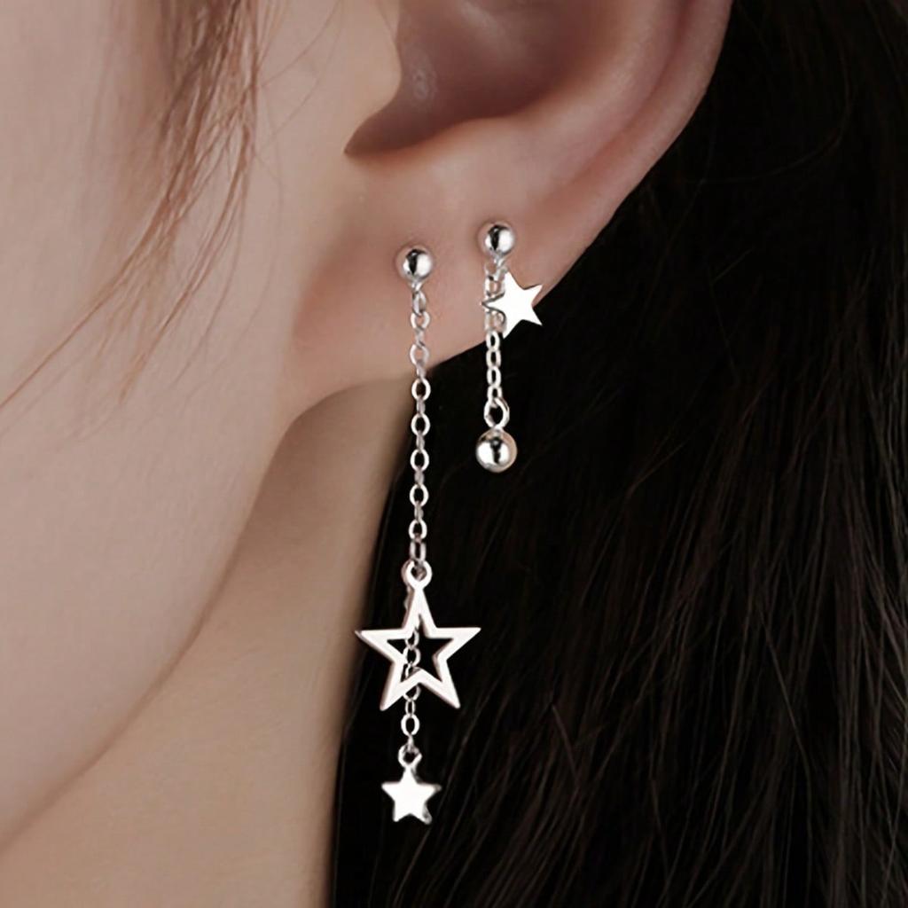 1 Pair of Star Shaped Pendant Chain Earrings, Asymmetrical Earrings, Pentagram Earrings, Exquisite Jewelry, Suitable for Daily Wear