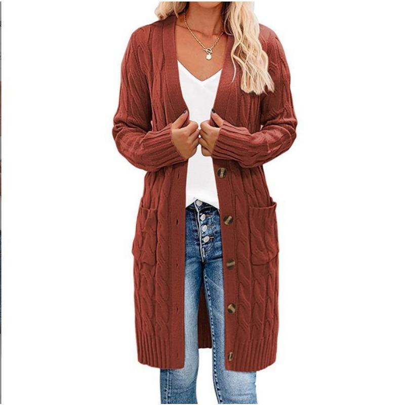 Autumn and winter new long twist sweater women's solid color button-in-bag cardigan jacket