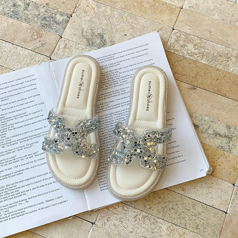 

Fairy wind thick-soled soft-soled outer slippers trendy summer one-word slippers female non-slip small fragrant wind pearl cool slippers female 40