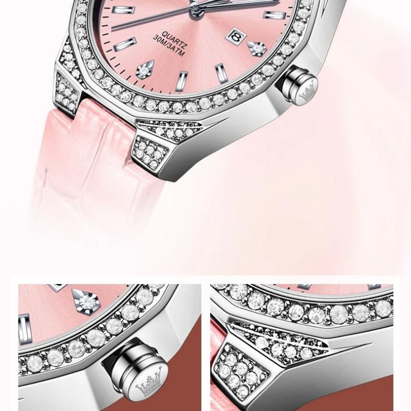 OLEVS Women's Watches Pink Watch Girl for Women Leather Strap Waterproof Full Diamond Bezel Elegant Ladies' Watches
