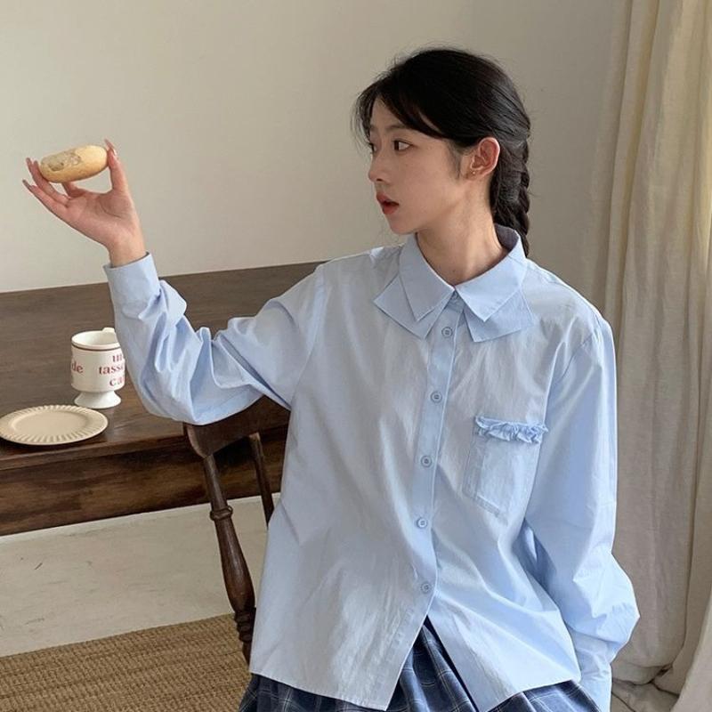 

Blue Women s Shirt Double Layered Turn Down Collar Chest Pocket with Lace Long Sleeved Blouse Korean Preppy Style Spring New Loose Leisure Woman Top S