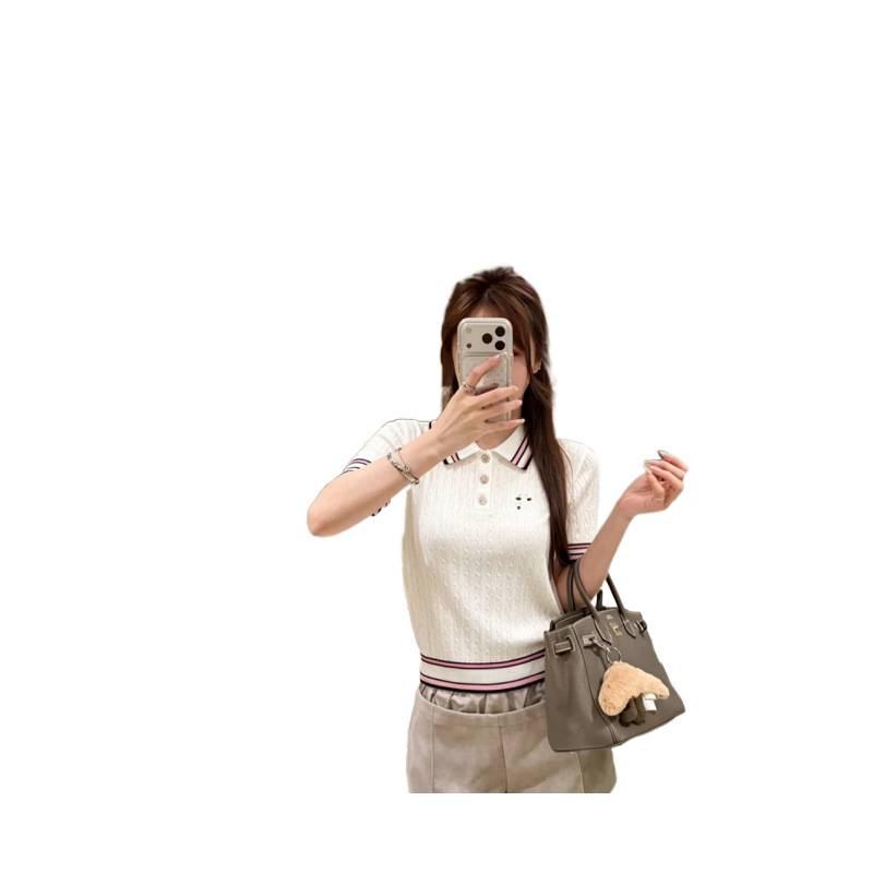 D Brand Embroidered Star Buckle Knit Lapel Short Sleeve Casual Top