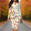 Women Plus Size Round Neck Long Sleeve Bodycon Midi Dress White Base Vibrant Multicolor Butterfly Print Pencil Dress