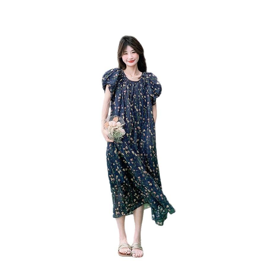 Black Light and Mature Wind Atmosphere Floral Platycodon Long Dress Summer New Bubble Sleeve Design Dress Women