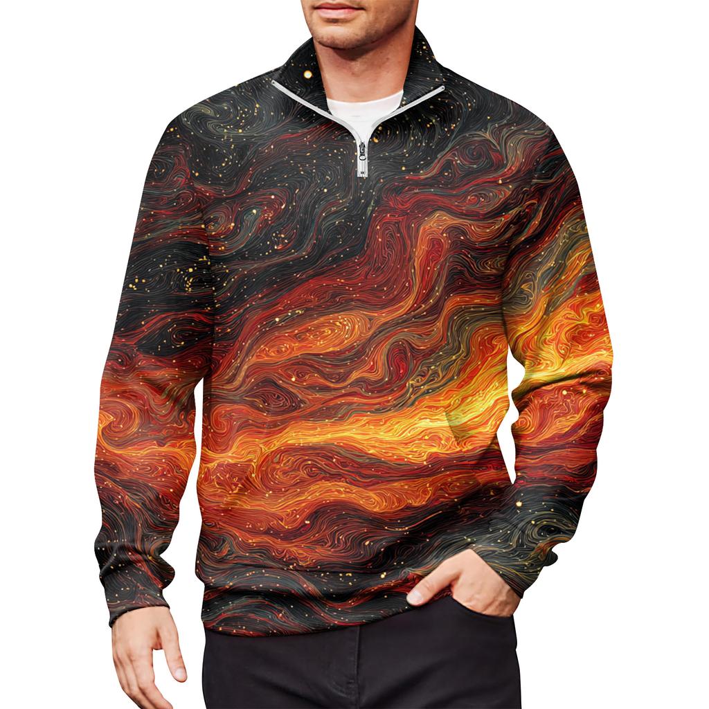 Men's Loose Casual 1/4 Zip Sweatshirt Fashion Printed Long Sleeve Top With Pockets