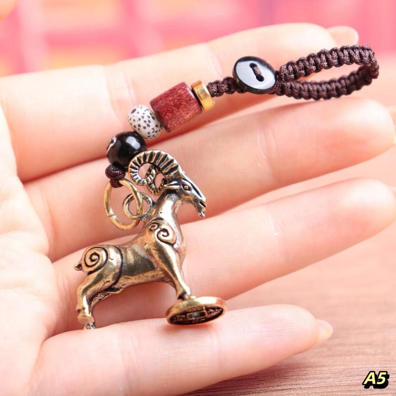 Chinese Zodiac 2027 Sheep Keychain Feng Shui Copper Pendant for Work and Personal Use A5