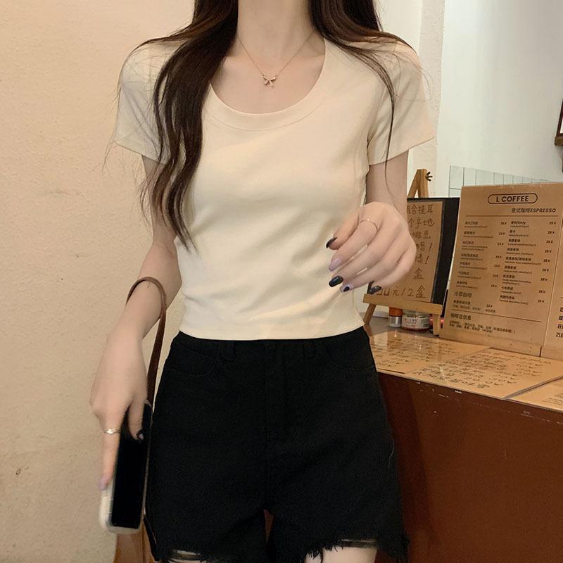 White Crew Neck Tights Women's Summer Popular Super Versatile Front Shoulder Short Skinny Elastic Short Sleeve T-Shirt ins