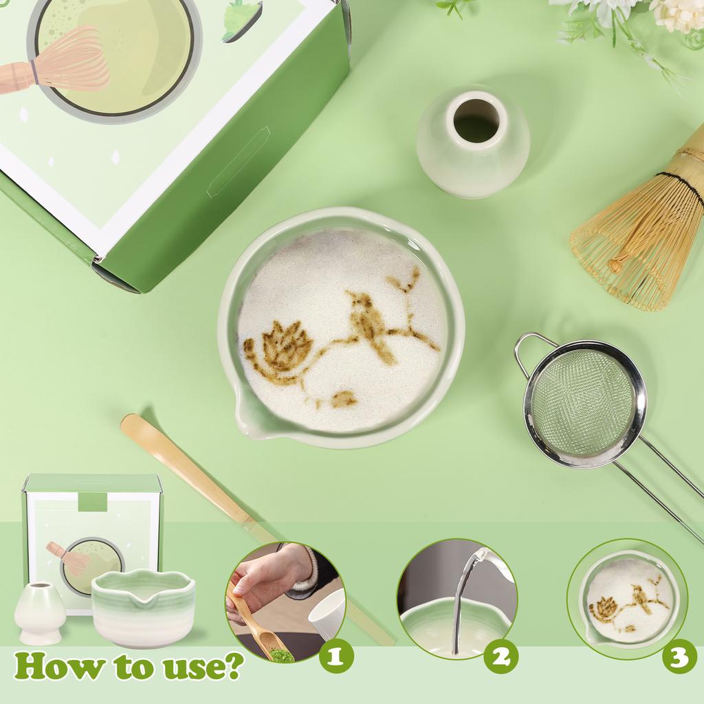 2 Pcs Matcha Making Kit Gradient Color Waved Rim Design Matcha Bowls and Ceramic Tea Whisk Stand Heat Coldness Resistant Tea Set