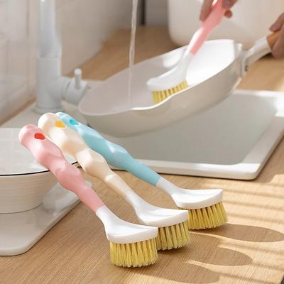 Multifunktionale Topfbürste mit langem Griff aus Nylon, Spülbürste, Küchenreinigungsbürste, Reinigungsgerät mit Buchenholzgriff