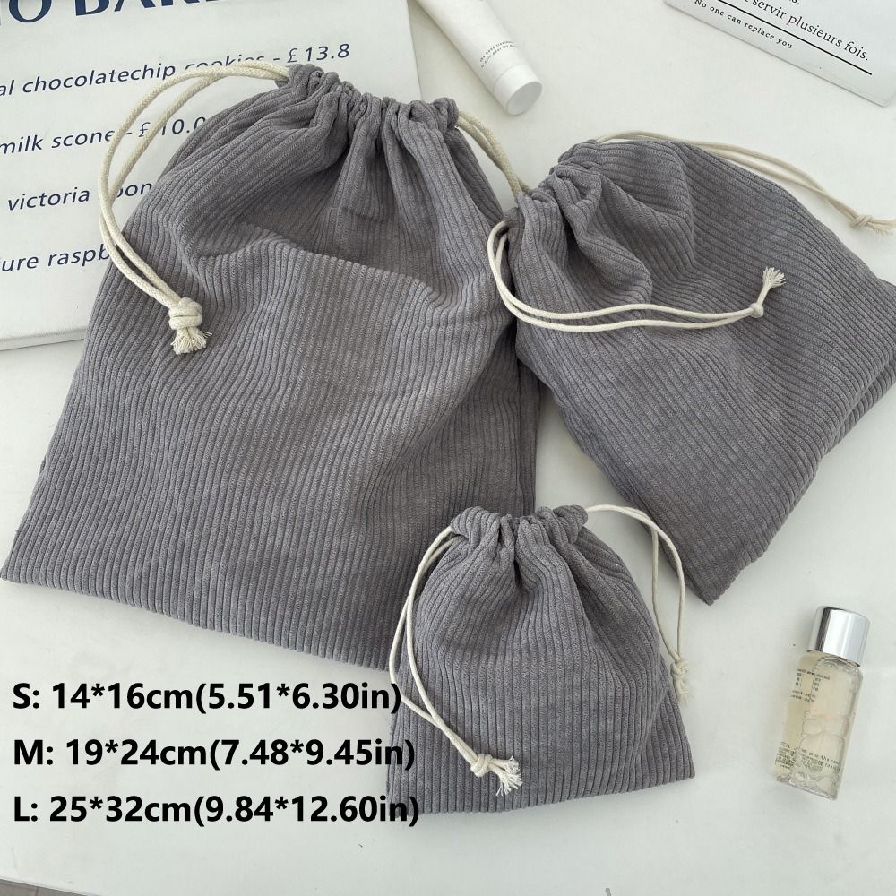 3PCS Solid Color Drawstring Cosmetic Bags Corduroy Large Capacity Gift Storage Bag Durable Drawstring Style