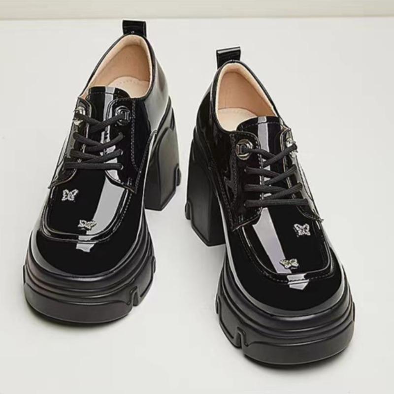 

Модные туфли на квадратном каблуке, осенняя новинка, с круглым носком, ремешками спереди, на платформе, нескользящие, износостойкие, на высоком каблуке 40