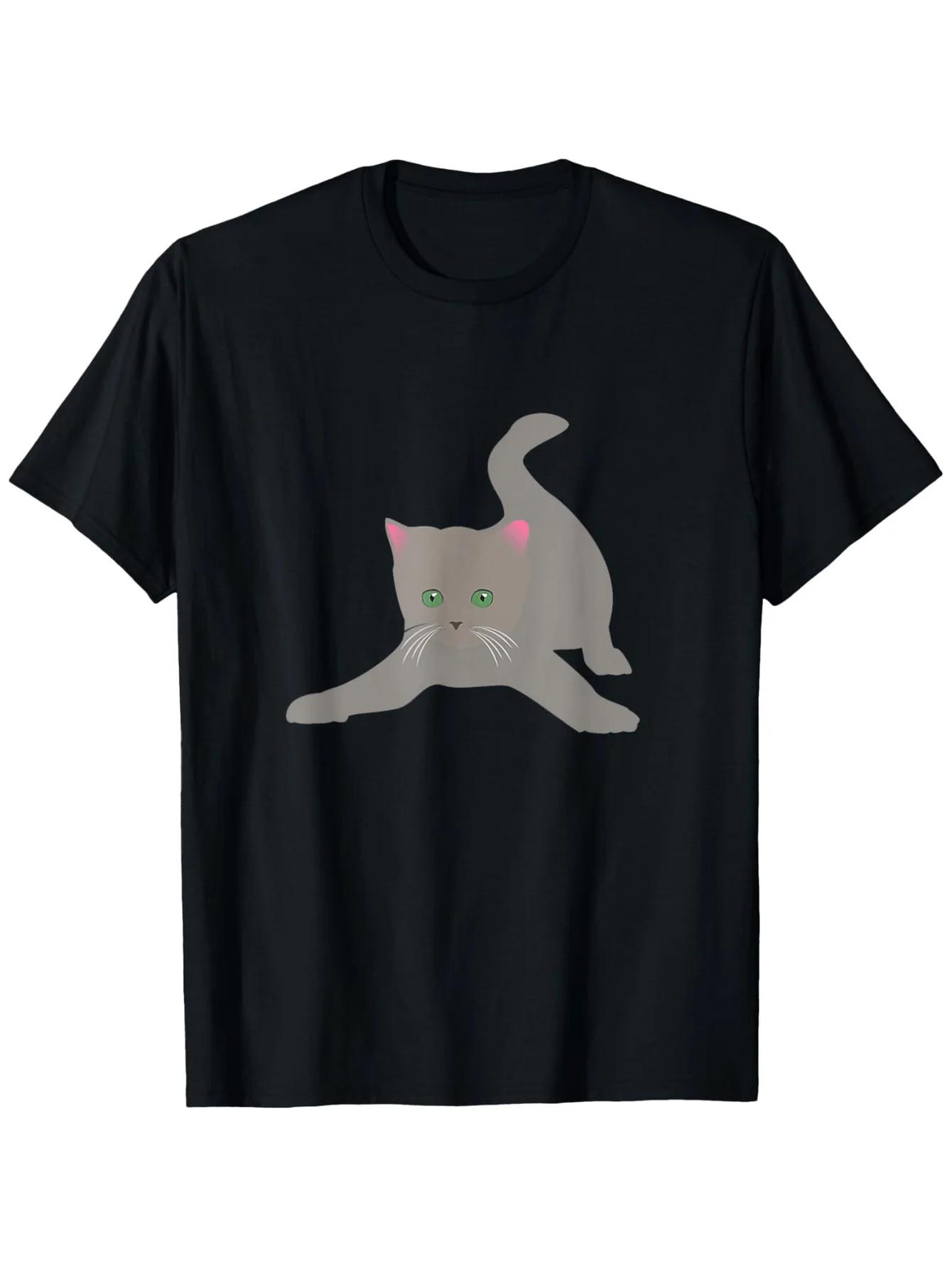 Stretching Gray Cat Graphic Tee Unisexs Breathable Cotton Short Sleeve TShirt S