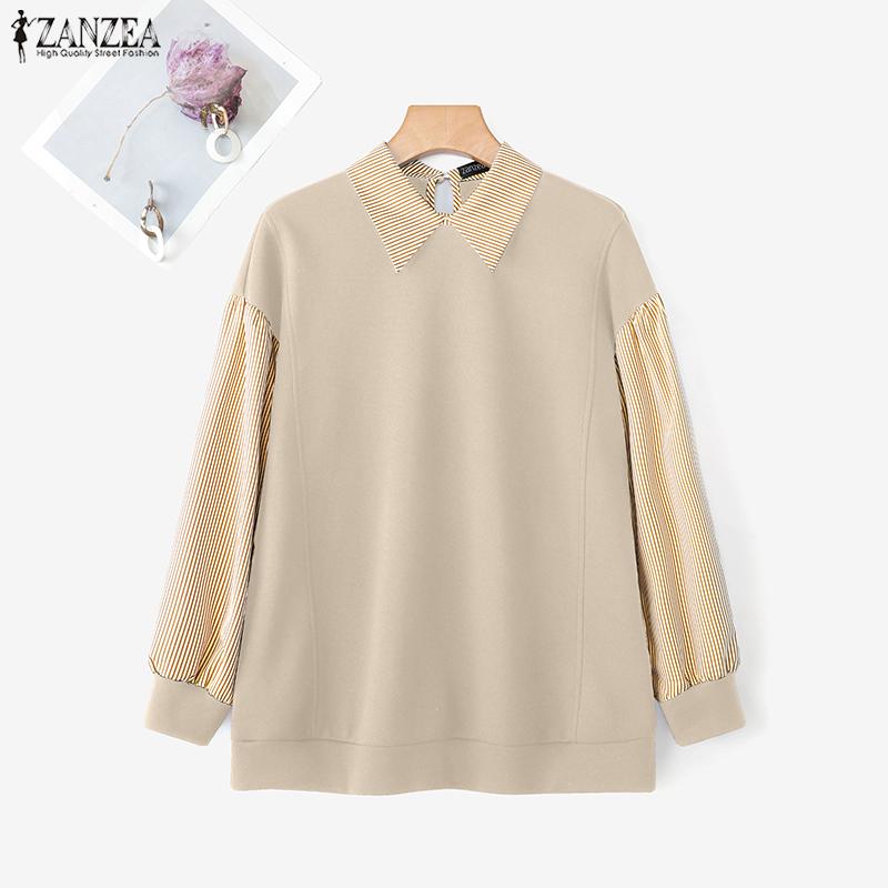 ZANZEA Women Casual Stripe Print Splice Long Sleeve Autumn Thin Sweatshirt
