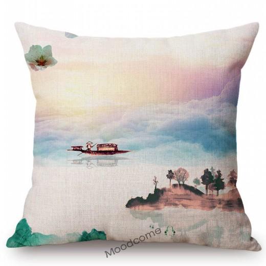 Traditional Chinese Ink Oil Painting Mountain Scenery Cotton Linen Sofa Throw Pillow Case Home Decoration Car Cushion Cover Case