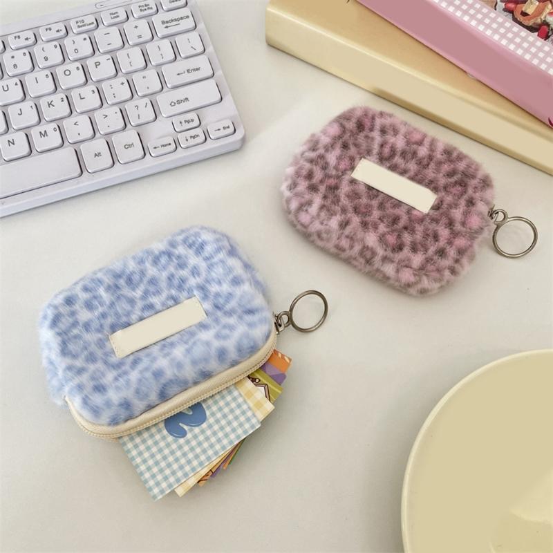 Plush Leopard Print Multifunctional Storage Pouch with Smooth Zippers for Organizing ID Cards Coin Keys and Small Items