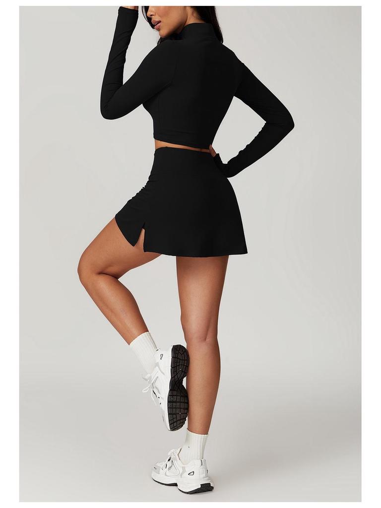 Damen High-Intensity Schnelltrocknender Yoga-Anzug: Oberteil mit Reißverschluss und langen Ärmeln & Laufrock