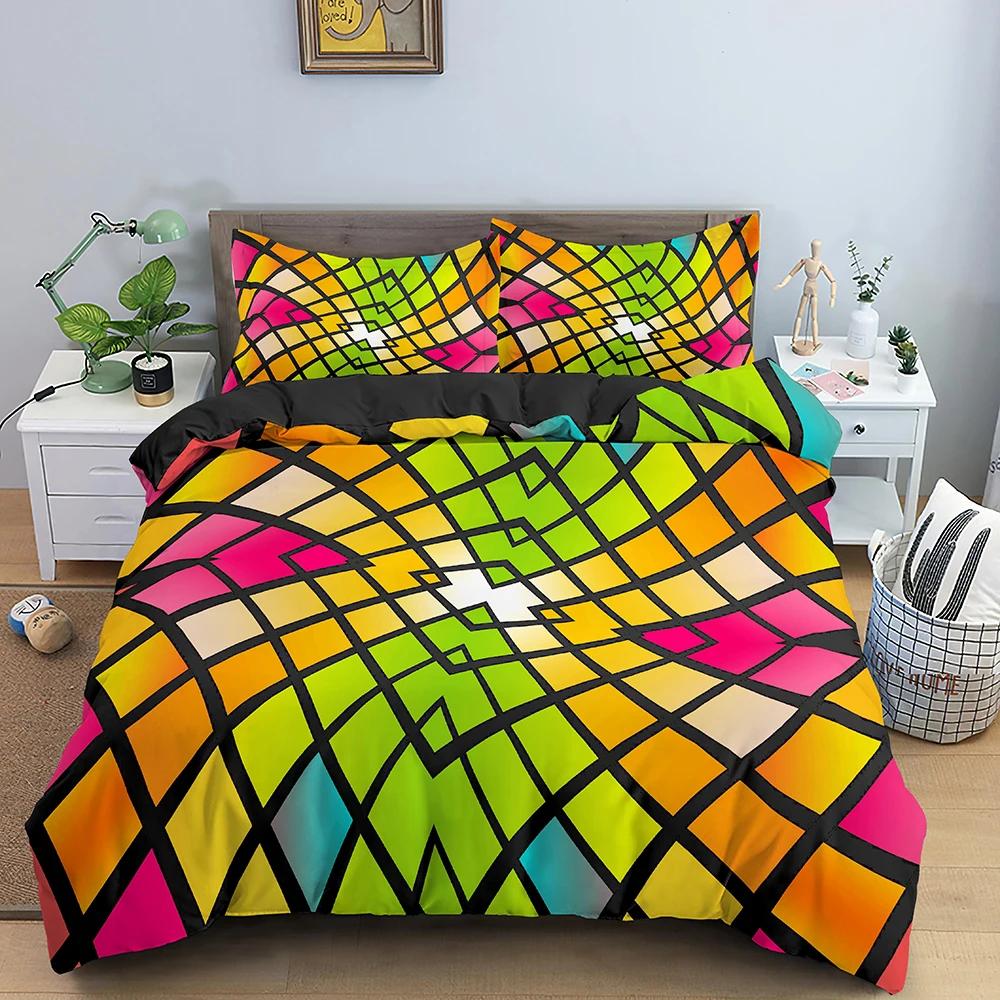 3D abstraktní povlak na přikrývku King Queen Size Barevné vlnité povlečení Set Psychedelický geometrický měkký povlak na přikrývku s povlakem na polštář