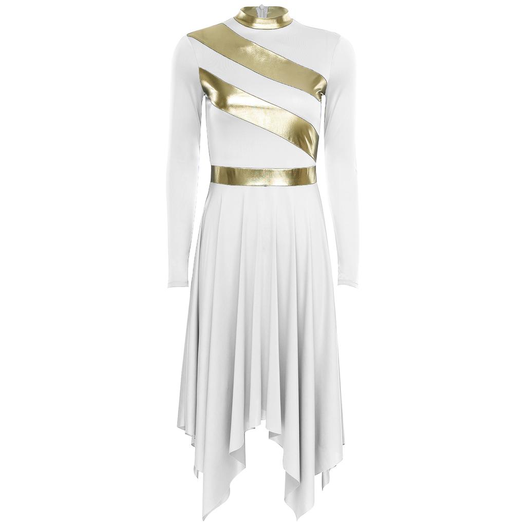 Womens Worship Dance Dress Metallic Patchwork Long Sleeve Irregular Hem Tunic Lyrical Performance Gown