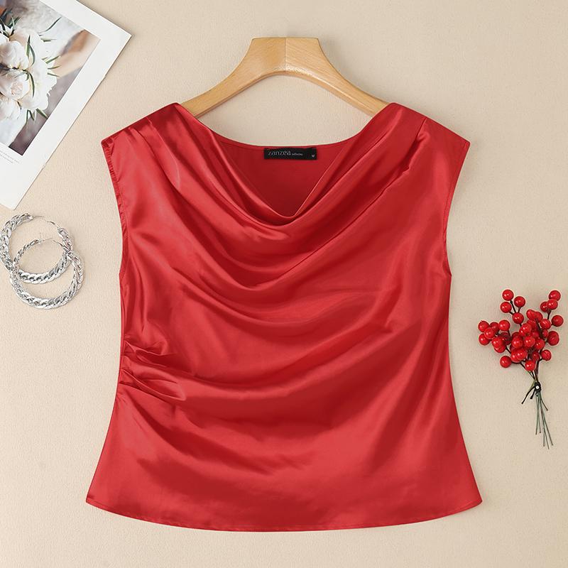 

ZANZEA Женская повседневная блузка с отложным воротником, летняя, с коротким рукавом, из сатина 2XL красный