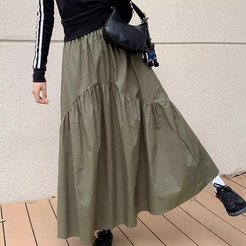 Spring New Elastic High Waist Fashion Loose Long Skirts Women Pleated Patchwork Summer A-line Skirt Female Elegant Temperament Simple Lady Skirt 26290