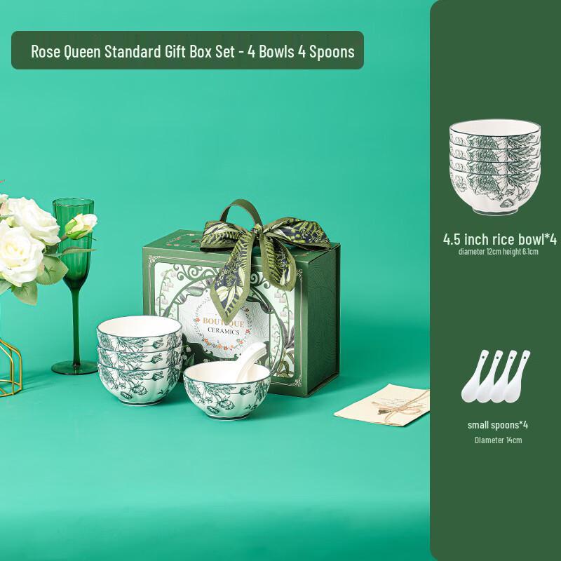 A1 Ceramic Green Rose Dinnerware Set 4 Bowls 4 Spoons Green Rose Gift Box