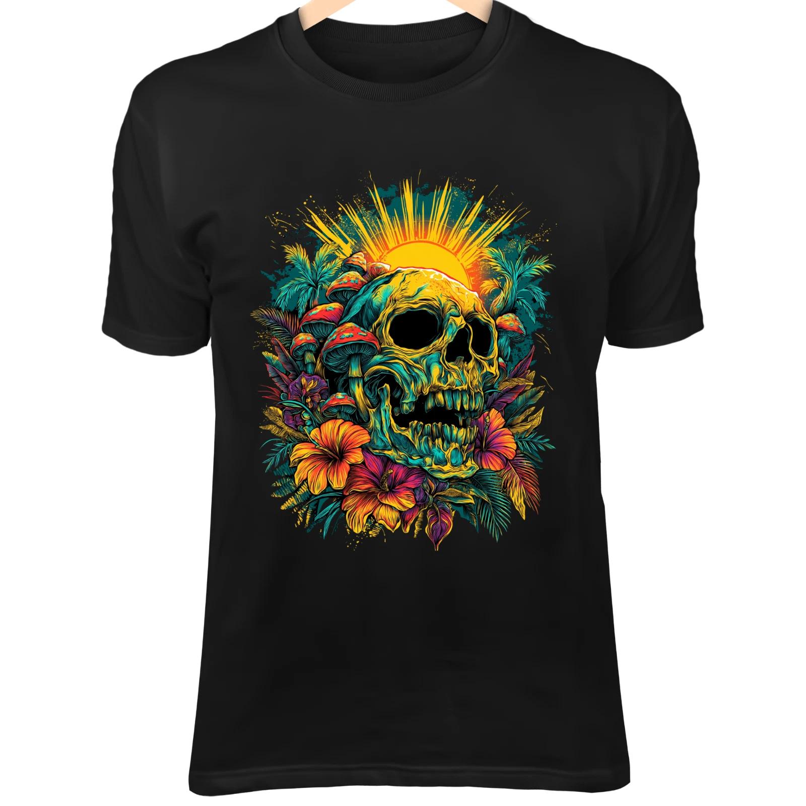 Череп с тропическими цветами - Пальмовые листья, Светящийся череп и Неоновые грибы Арт 4XL