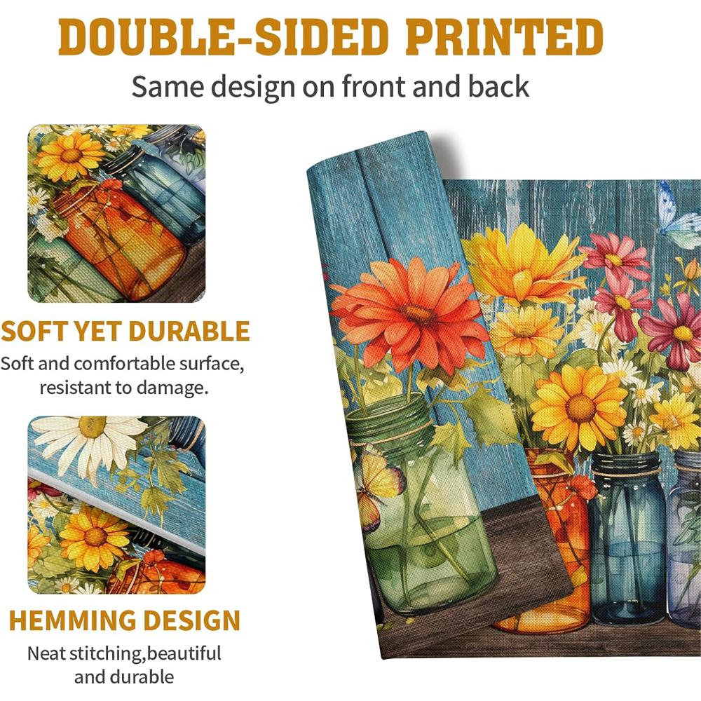 Rustic Daisy Placemats Vintage Flower Vases Wood Grain Linen Table Mats 30x45cm Summer Floral Wooden Board Farmhouse Washable