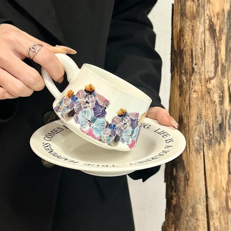 Vintage oil painting watercolor ceramic coffee cup and saucer set afternoon tea mug premium sense souvenir gift box