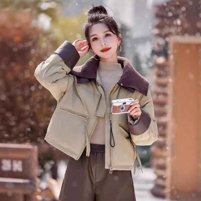 Women's short down cotton-padded jacket knitted lapel cotton-padded jacket versatile bread jacket small jacket