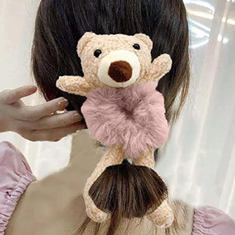 Girls Plush Rabbit Hair Rope Lovely Fluffy Scrunchies Cartoon Bear Elastic Bands