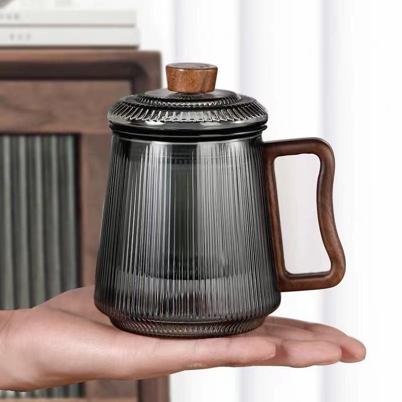 450ml Wooden Handle Vertical Stripe Heat-resistant Glass Tea Cup With Tea Infuser Filter Flower Tea Water Separation Tea Mug