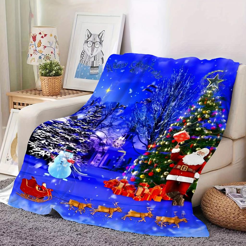Christmas Santa Claus Snowman Reindeer Winter Scene Print Flannel Throw Blanket Ultra Soft Warm Blanket for Sofa Bed Holiday Home Decor