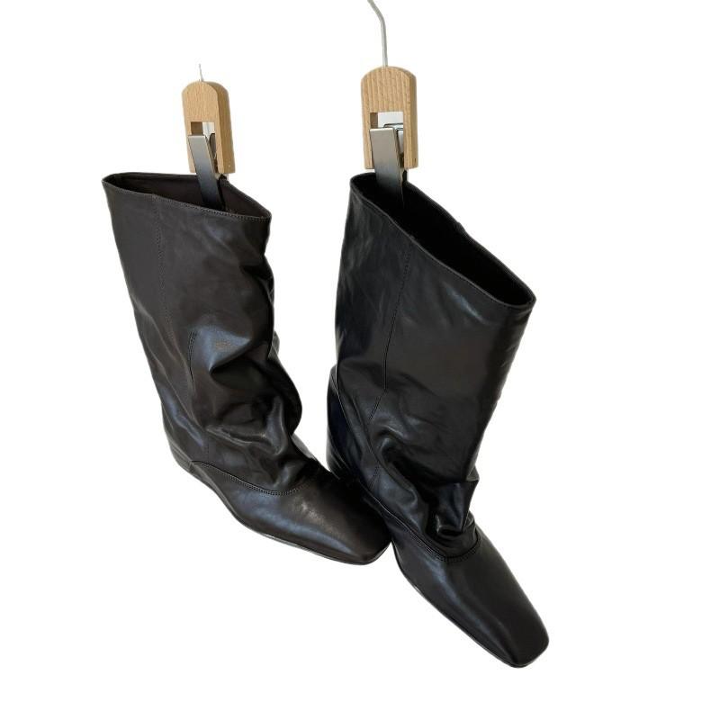 Cowhide~ Autumn and Winter New Inner Height Increase 5cm Boots Square Head Loose Sleeve Medium Boots Women's Short Boots Fashion Knight Boots