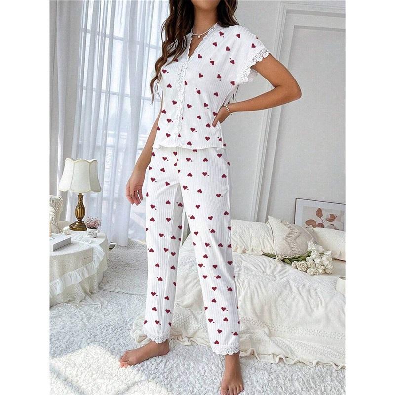 Kadın pijama seti pijama 2 parçalı set havadar yumuşak günlük baskılı pijama